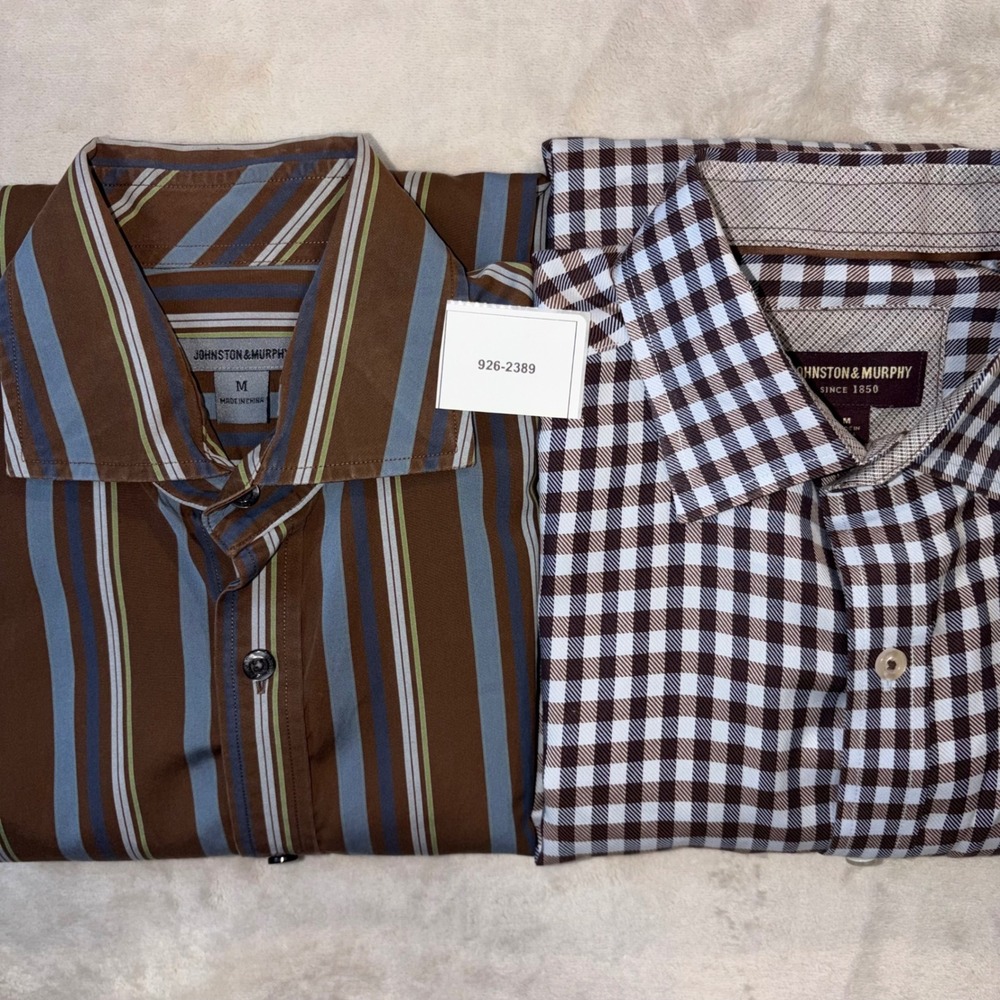 Johnston & Murphy Mens Button Down Shirt Lot of 2 Brown Gingham Stripe Medium